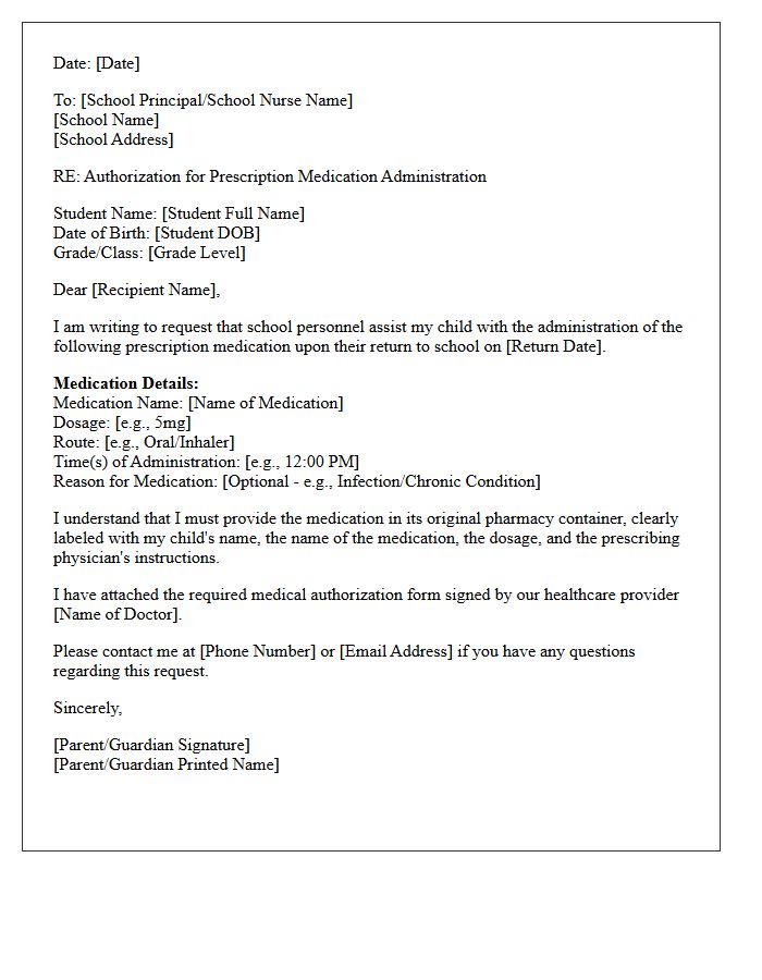 Return to School with Prescription Medication Administration Letter