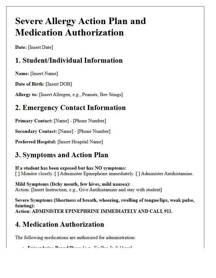Severe Allergy Action Plan and Medication Administration Letter