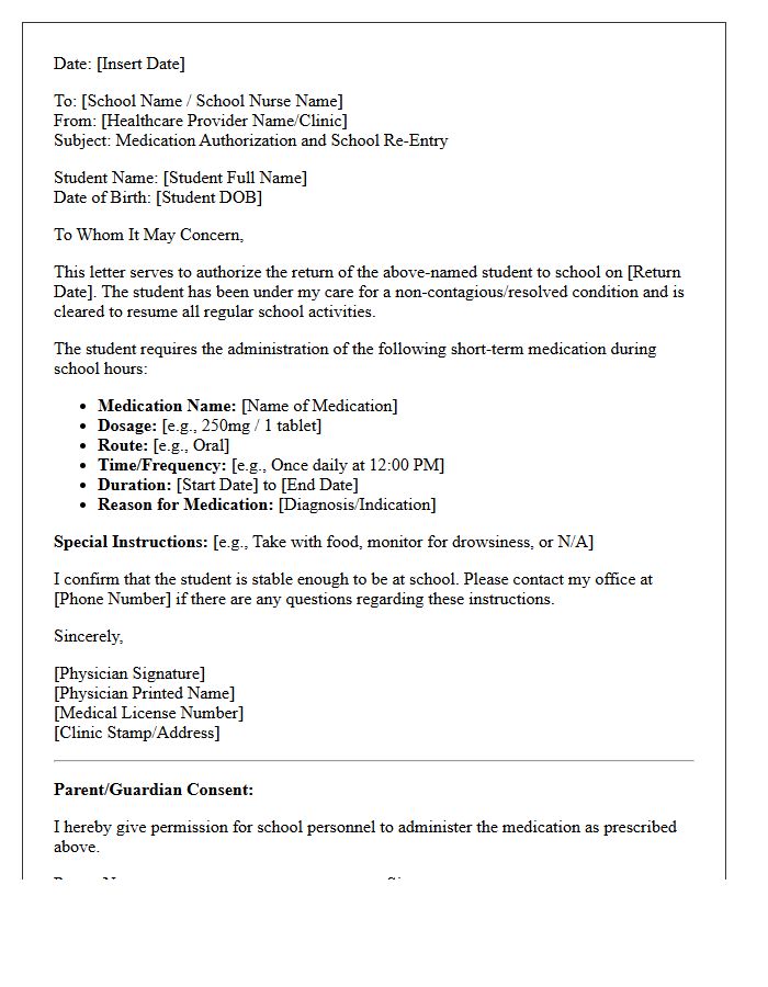 Short-Term Medication Administration and School Re-Entry Letter