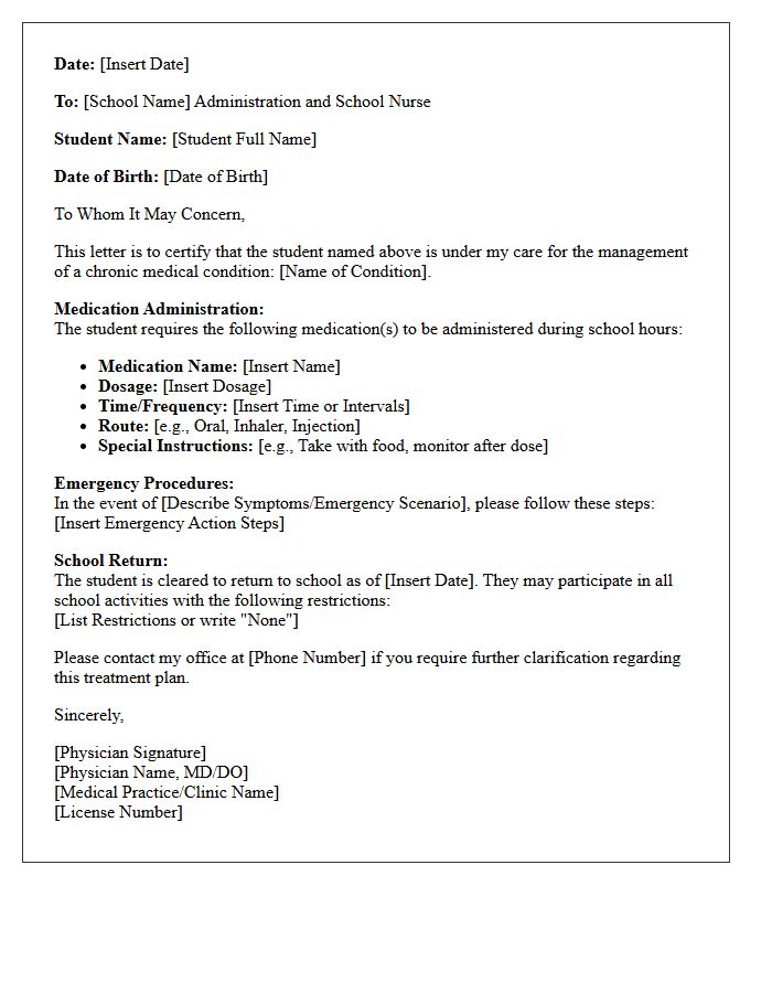 Chronic Condition Medication Administration and School Return Letter