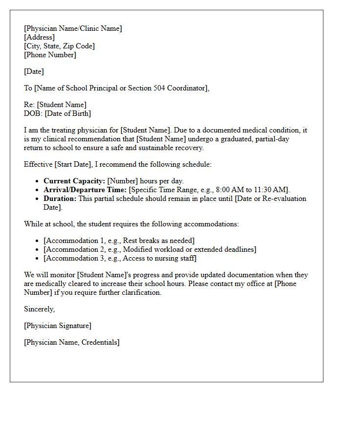 Partial Day Return to School Medical Accommodation Letter