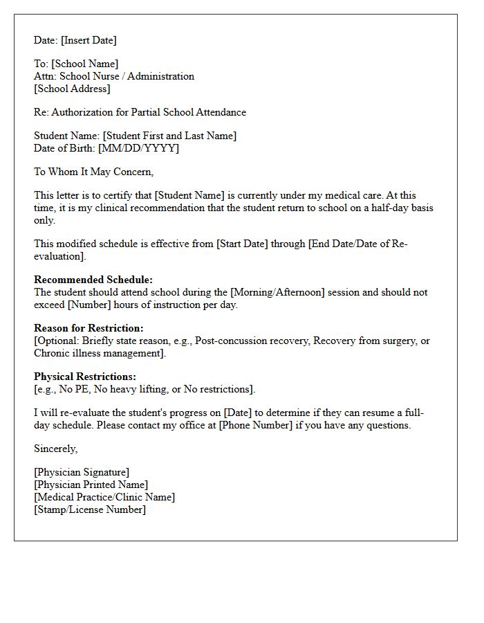 Half Day Student Return Physician Authorization Letter
