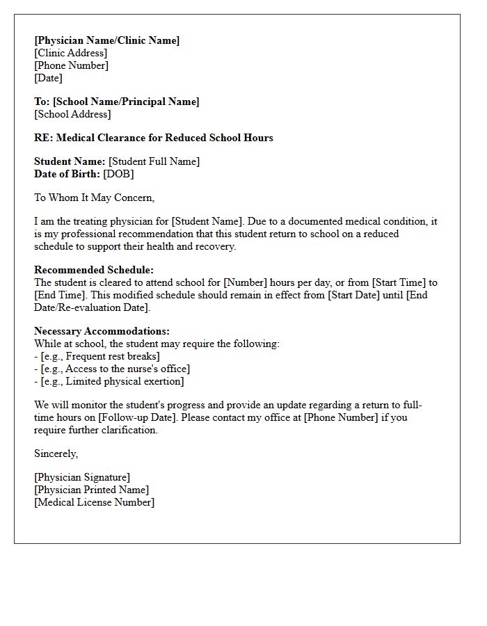 Reduced School Hours Medical Clearance Letter