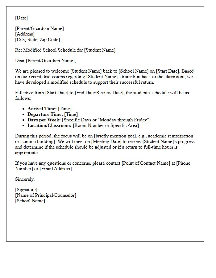 Modified Schedule Student Return to School Letter