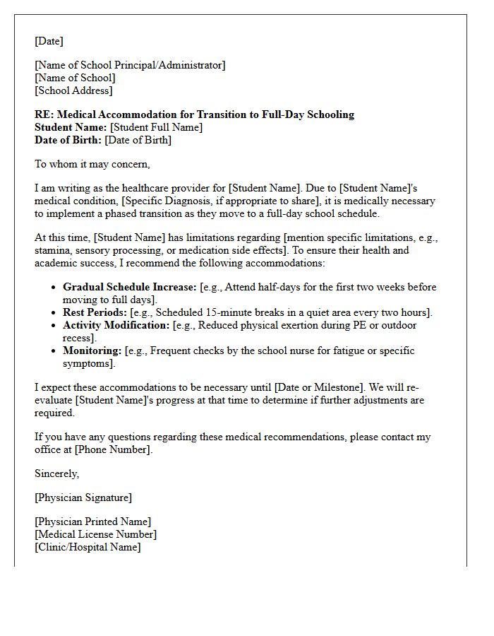 Transition to Full Day School Medical Accommodation Letter