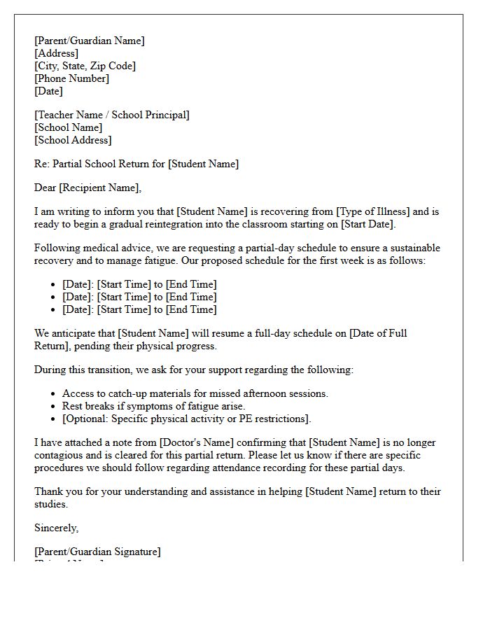 Post-Illness Partial Day School Reintegration Letter