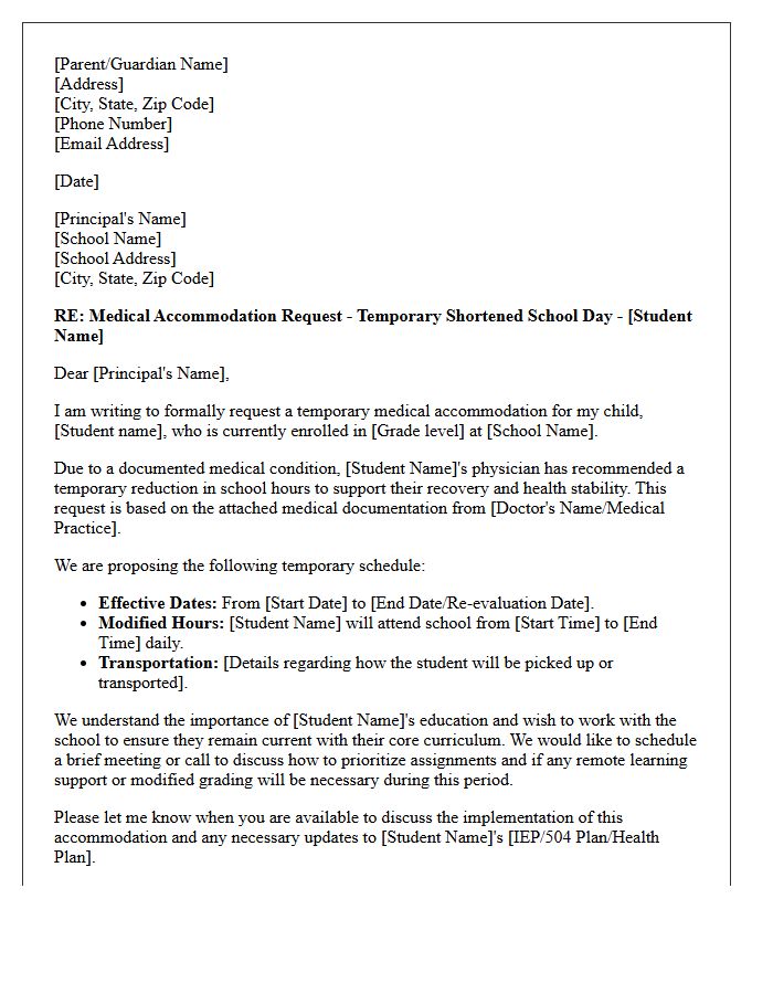 Temporary Shortened School Day Medical Accommodation Letter