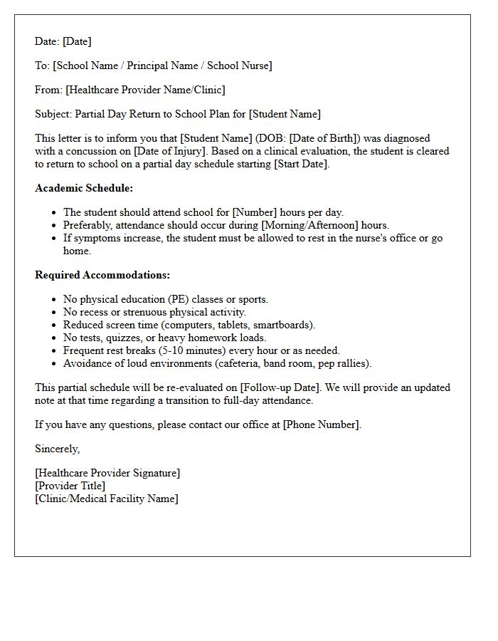 Concussion Protocol Partial Day Return to School Letter