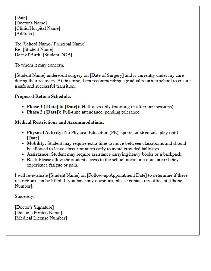 Post-Operative Gradual School Return Medical Letter