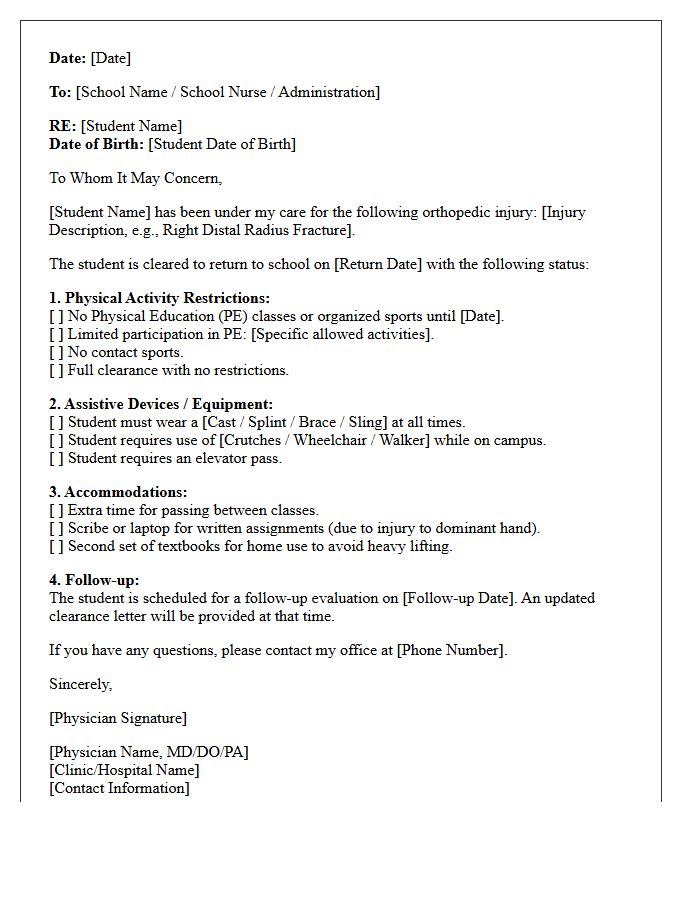 Standard Return to School After Orthopedic Injury Clearance Letter