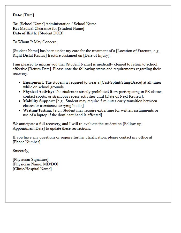 Post-Fracture Return to School Medical Clearance Letter
