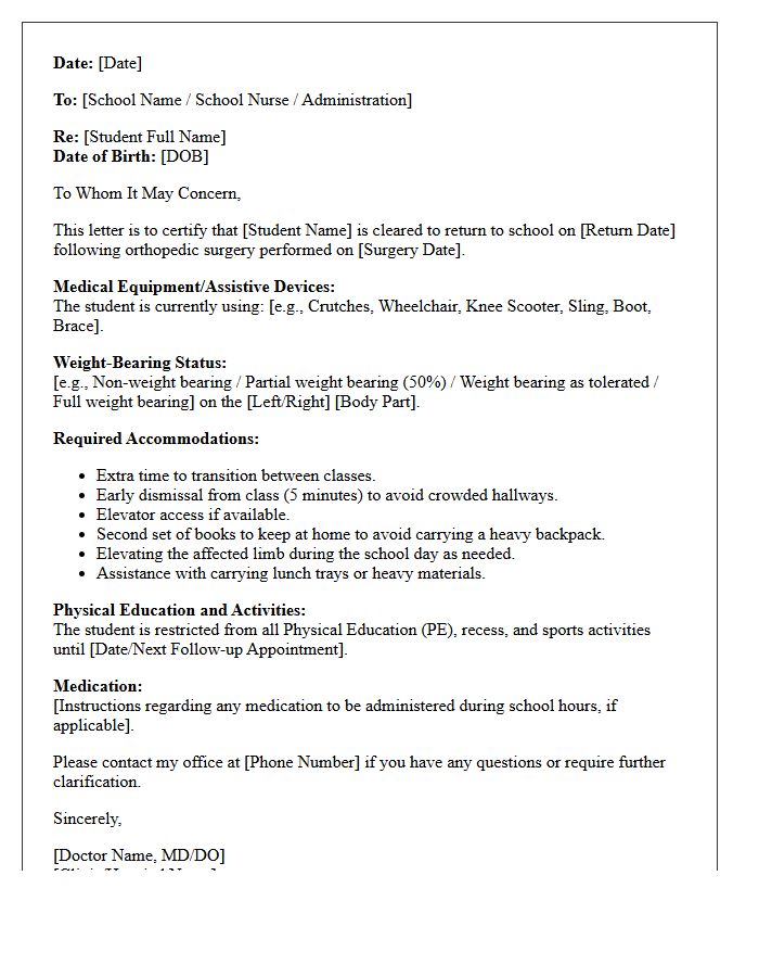 Post-Surgical Orthopedic Return to School Clearance Letter