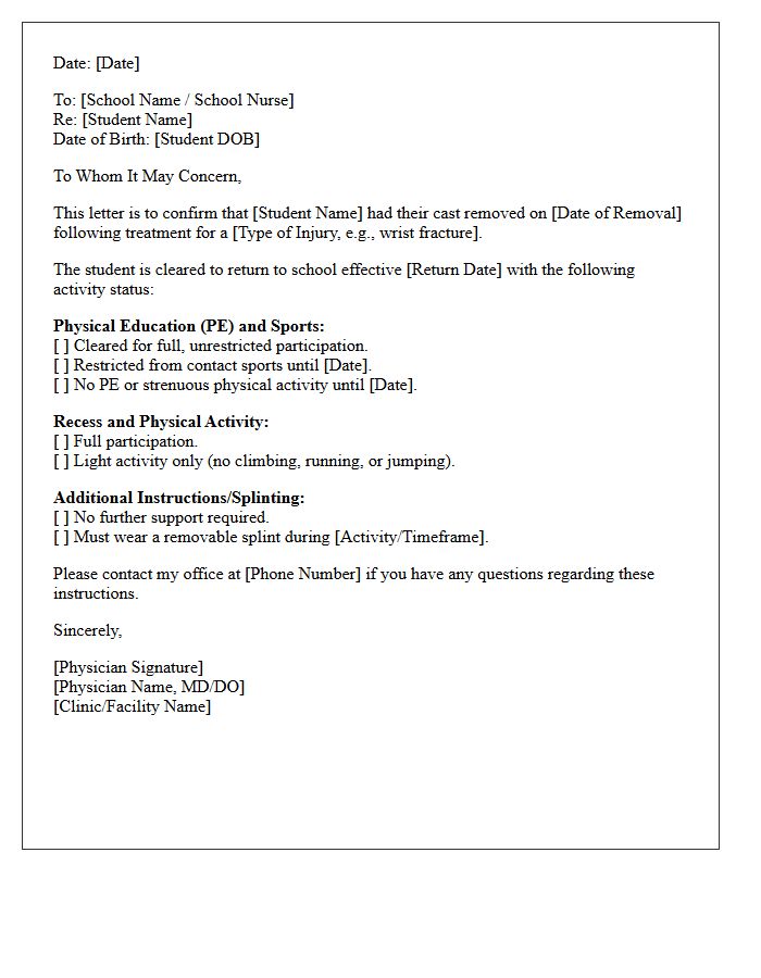 Post-Cast Removal Return to School Clearance Letter