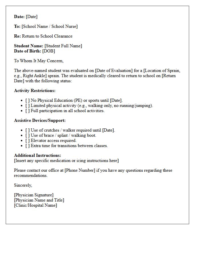 Orthopedic Sprain Return to School Clearance Letter