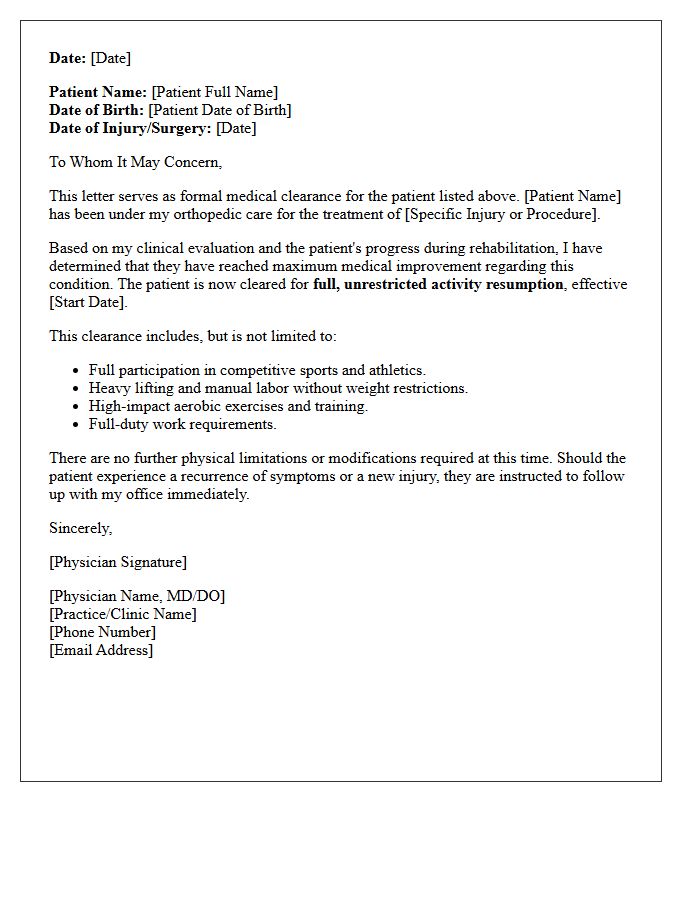 Full Activity Resumption Orthopedic Clearance Letter