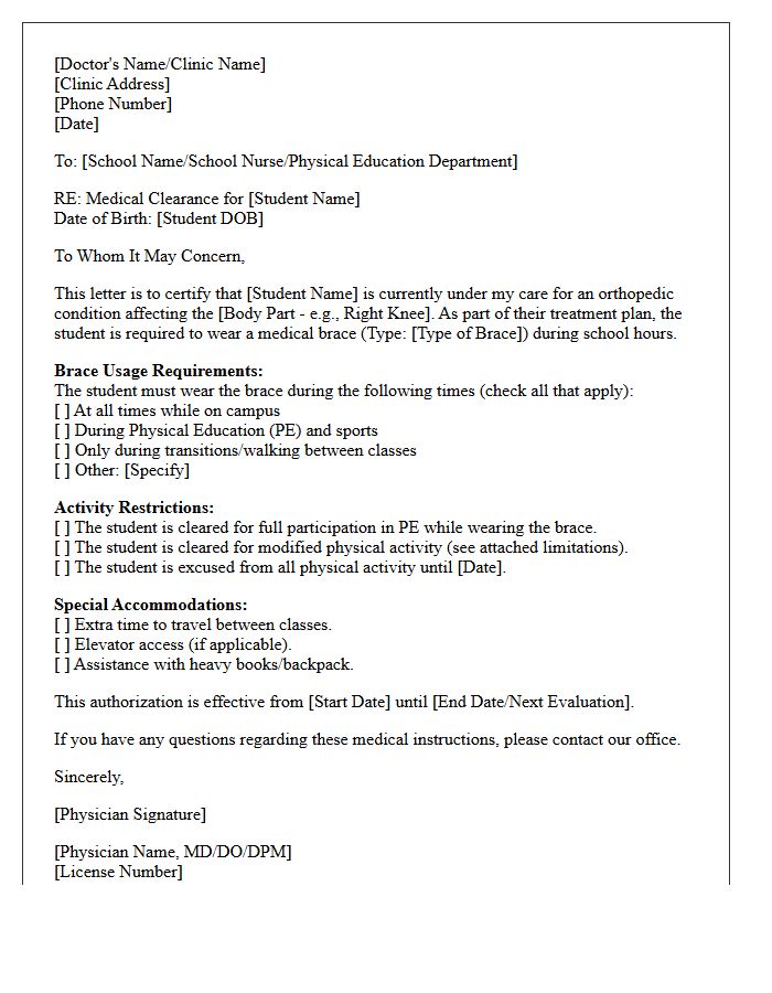 Orthopedic Brace Authorization School Clearance Letter