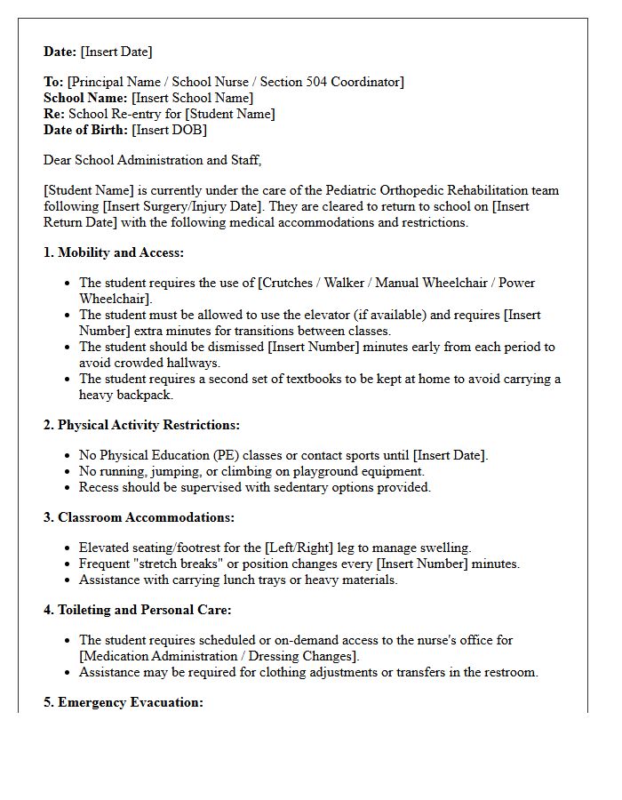 Pediatric Orthopedic Rehabilitation School Transition Letter