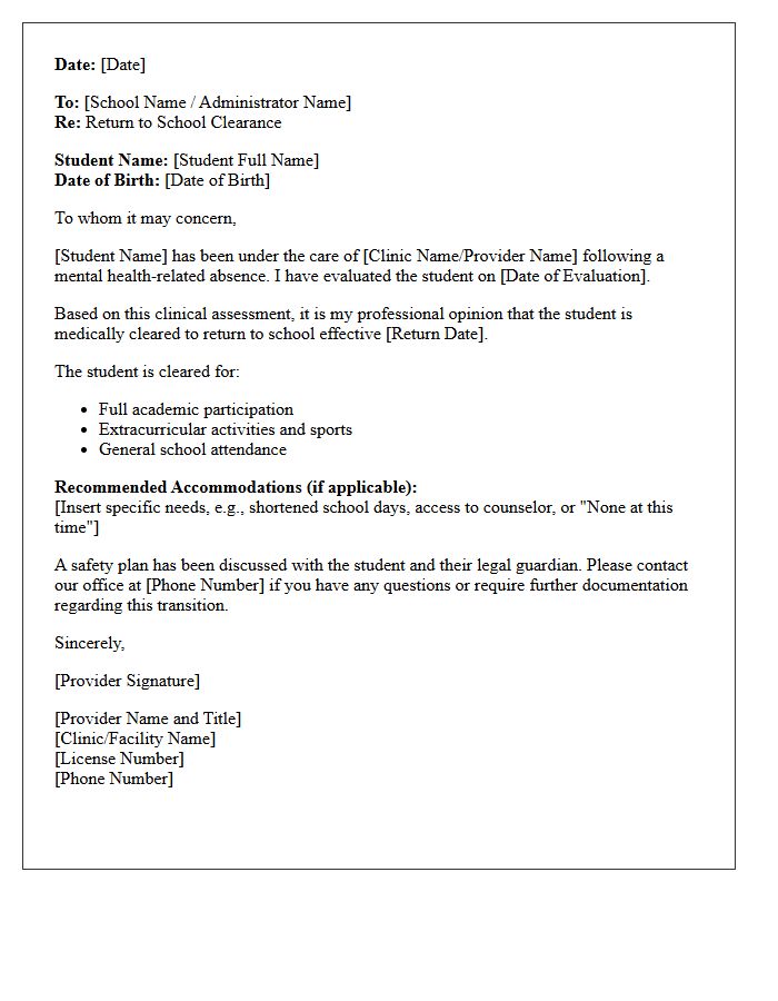 Standard Medical Clinic Mental Health Crisis Return To School Clearance Letter