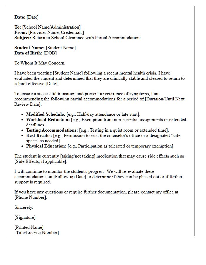 Partial Accommodations Mental Health Crisis Return To School Clearance Letter