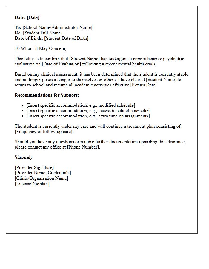 Psychiatric Evaluation Mental Health Crisis Return To School Clearance Letter
