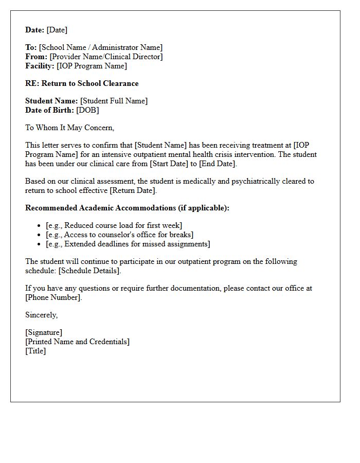 Intensive Outpatient Mental Health Crisis Return To School Clearance Letter