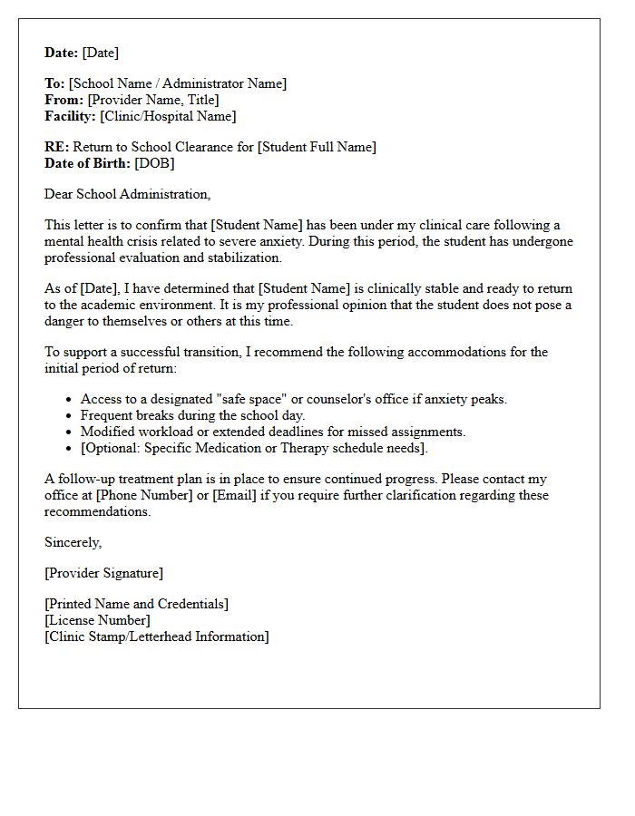 Severe Anxiety Mental Health Crisis Return To School Clearance Letter