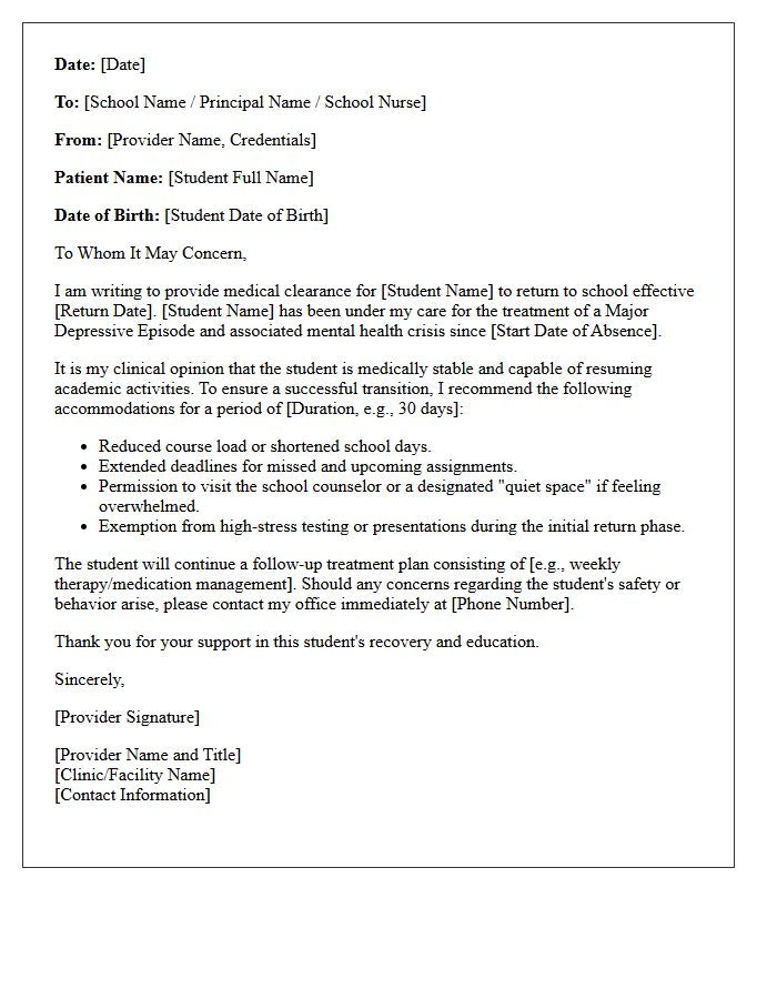 Major Depressive Episode Mental Health Crisis Return To School Clearance Letter