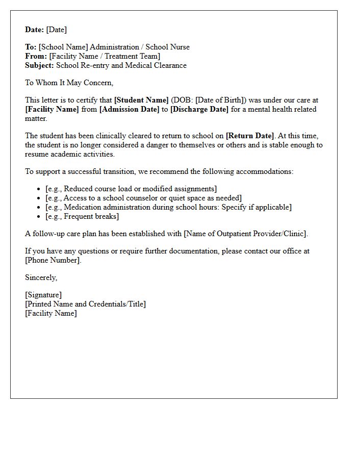 Inpatient Facility Discharge Mental Health Crisis Return To School Clearance Letter