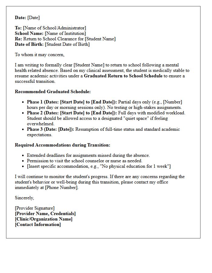 Graduated Schedule Mental Health Crisis Return To School Clearance Letter