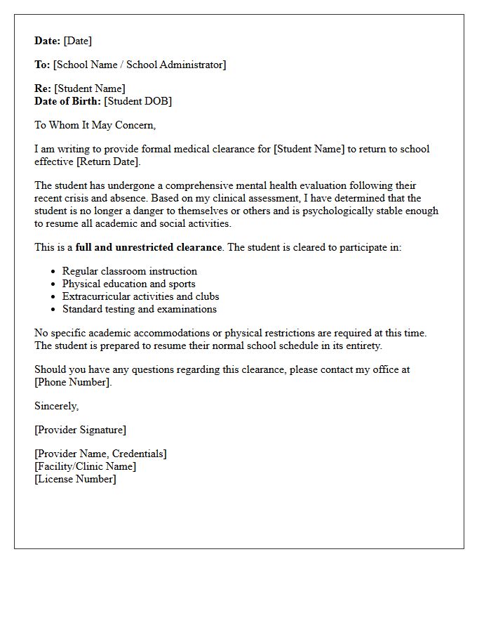 Full Unrestricted Mental Health Crisis Return To School Clearance Letter