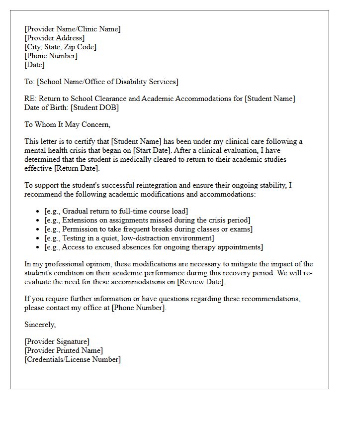 Academic Modification Mental Health Crisis Return To School Clearance Letter