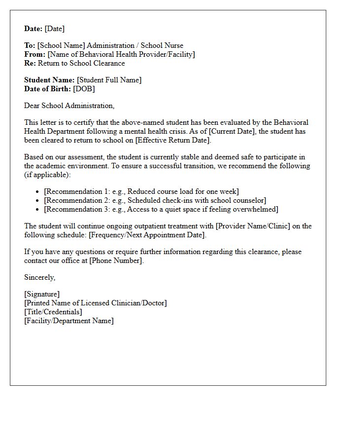 Behavioral Health Department Mental Health Crisis Return To School Clearance Letter