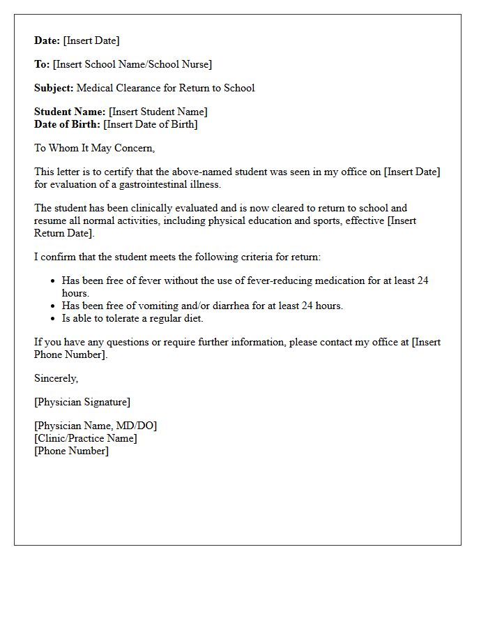 Medical Clearance Letter for Return to School Following Gastrointestinal Illness