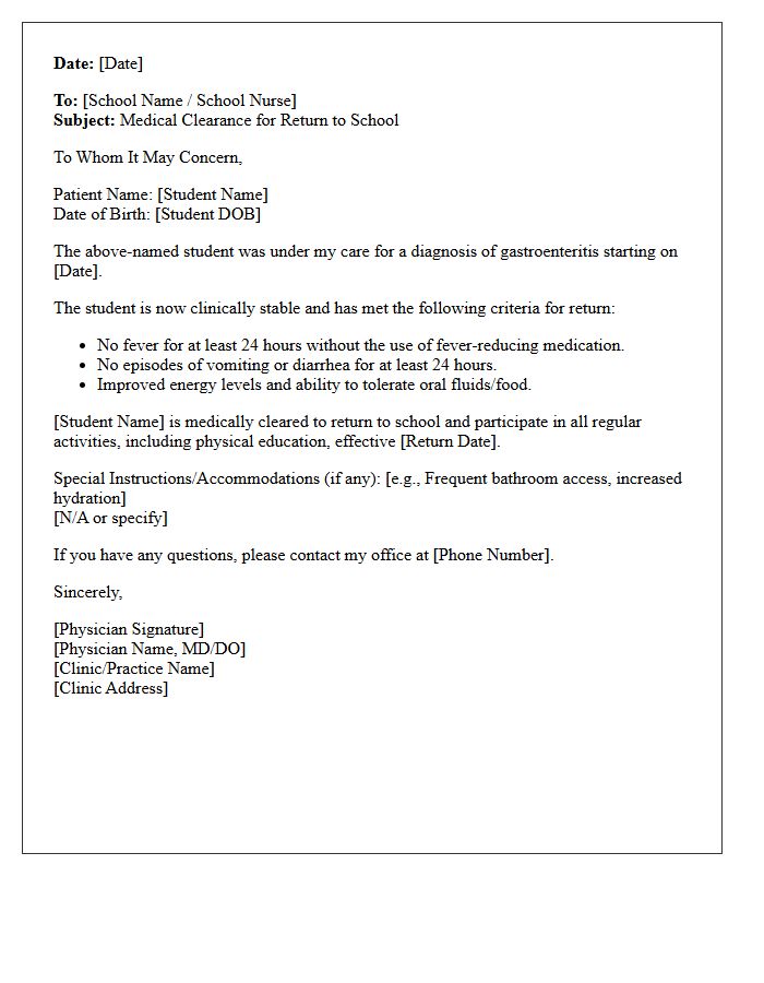 Physician Authorization Letter for Student Return After Gastroenteritis
