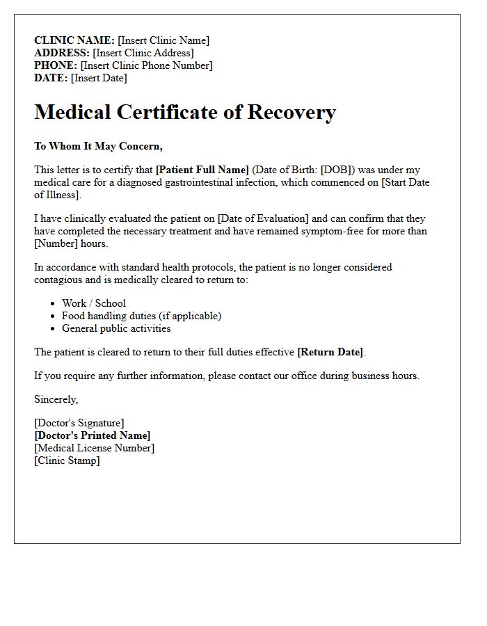 Official Clinic Letter Certifying Recovery From Gastrointestinal Infection