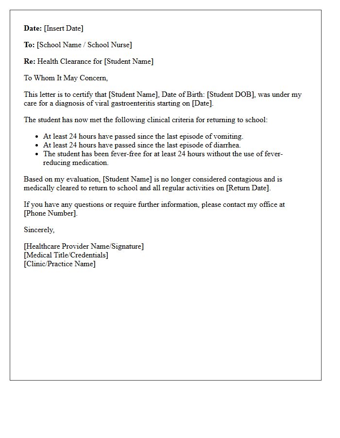 Student Health Clearance Letter Following Viral Gastroenteritis
