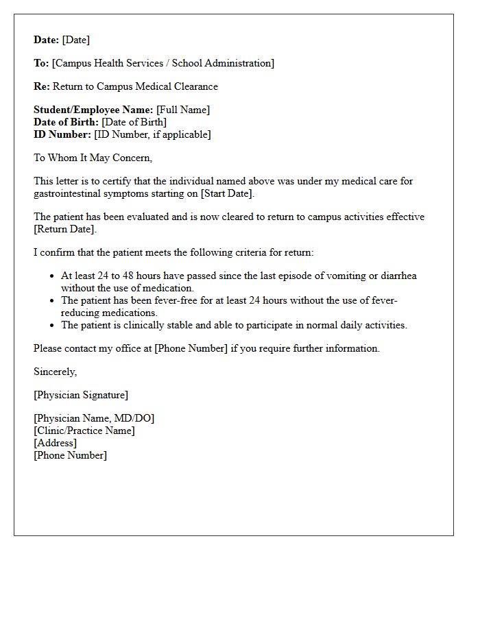 Return to Campus Medical Letter Post Gastrointestinal Symptoms