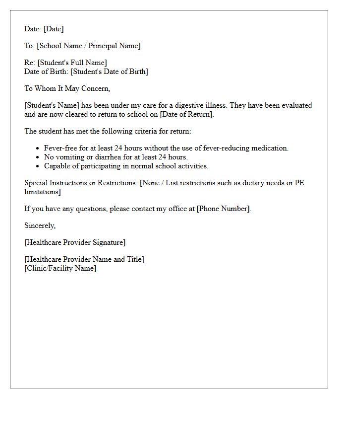Healthcare Provider Letter for School Attendance After Digestive Illness