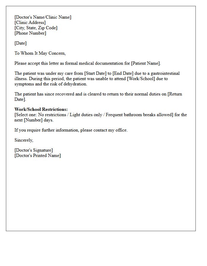 Medical Excuse and Return Letter for Gastrointestinal Sickness