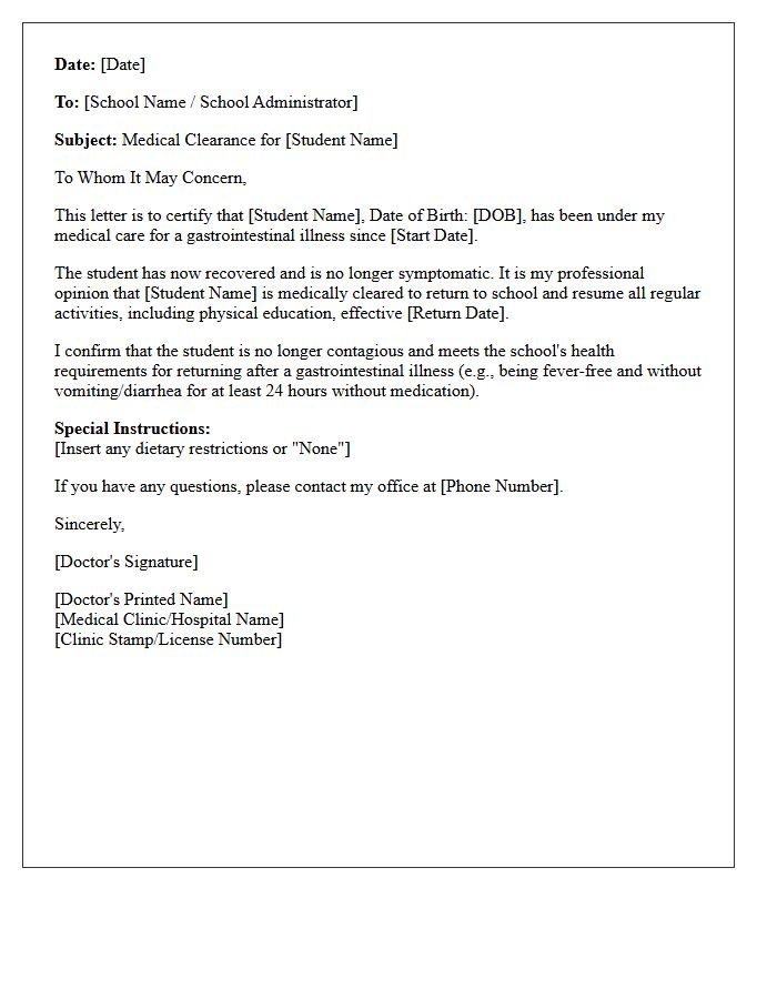 Doctor Release Letter for Student Recovery From Gastrointestinal Disease