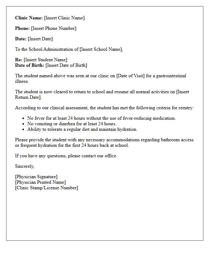 Pediatric Clinic Letter for School Reentry Post Stomach Illness