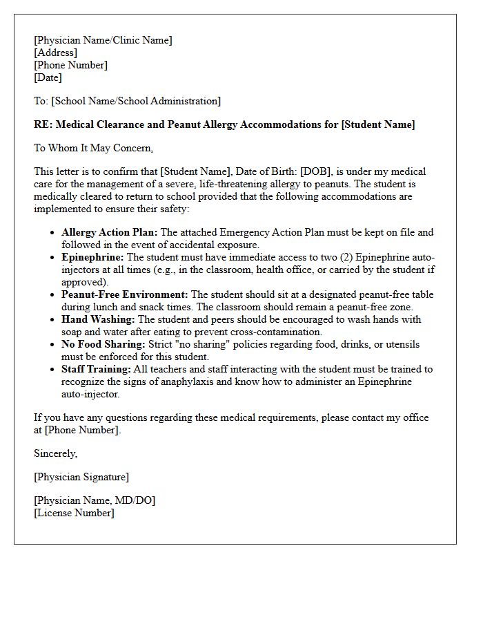 Medical Clearance Letter for Return to School With Peanut Allergy Accommodations