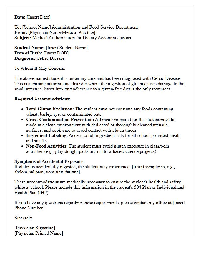 Physician Authorization Letter for Celiac Disease Dietary School Accommodations