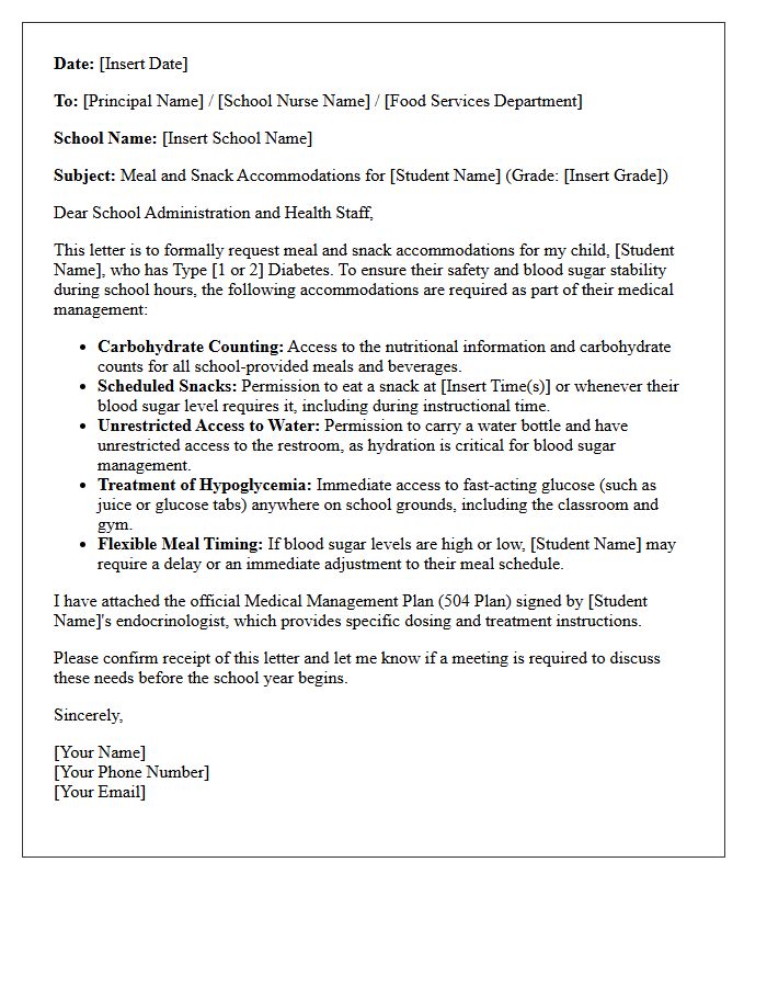 Return to School Letter for Diabetic Meal Plan and Snack Accommodations