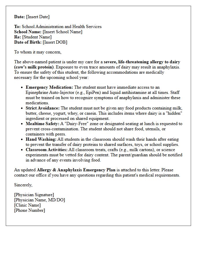Pediatric Clinic Letter for Return to School With Severe Dairy Allergy Accommodations