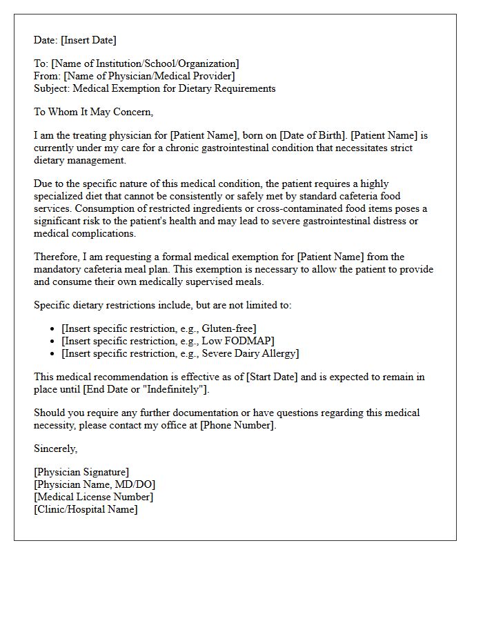 Medical Exemption Letter for Cafeteria Food Due to Gastrointestinal Restrictions