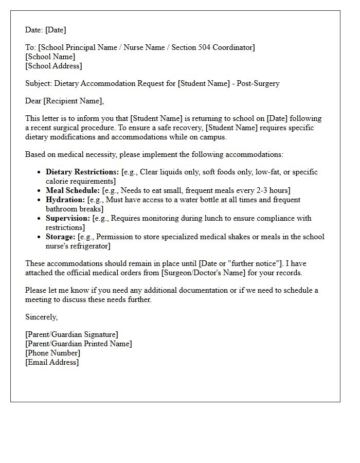 Return to School Accommodation Letter for Post-Surgery Dietary Modifications
