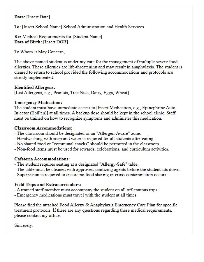 Healthcare Provider Letter for Return to School With Multiple Food Allergy Accommodations