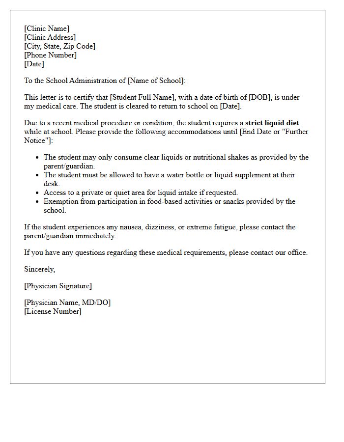 Clinic Certification Letter for Student Return to School With Liquid Diet Accommodations