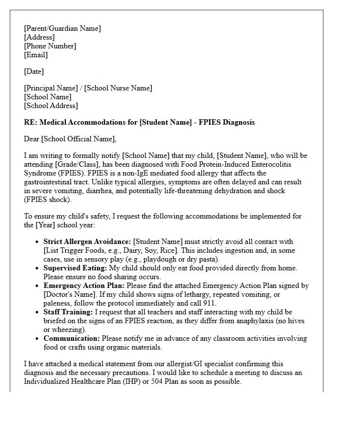 Return to School Letter Requesting Food Protein-Induced Enterocolitis Syndrome Accommodations